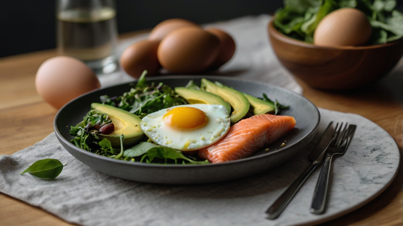 Plate of a balanced keto meal with avocado, salmon, eggs, and leafy greens, accompanied by a measuring tape and scale in the background, representing weight loss and healthy eating.