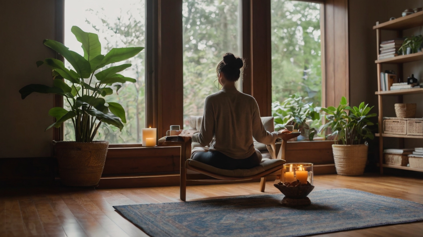 A cozy setting with a person sitting in a chair, holding a journal next to a table with a cup of tea, a plant, and a candle. A yoga mat rests in the corner, with healthy snacks and a phone displaying a mindfulness app, creating a calm and relaxing self-care atmosphere.